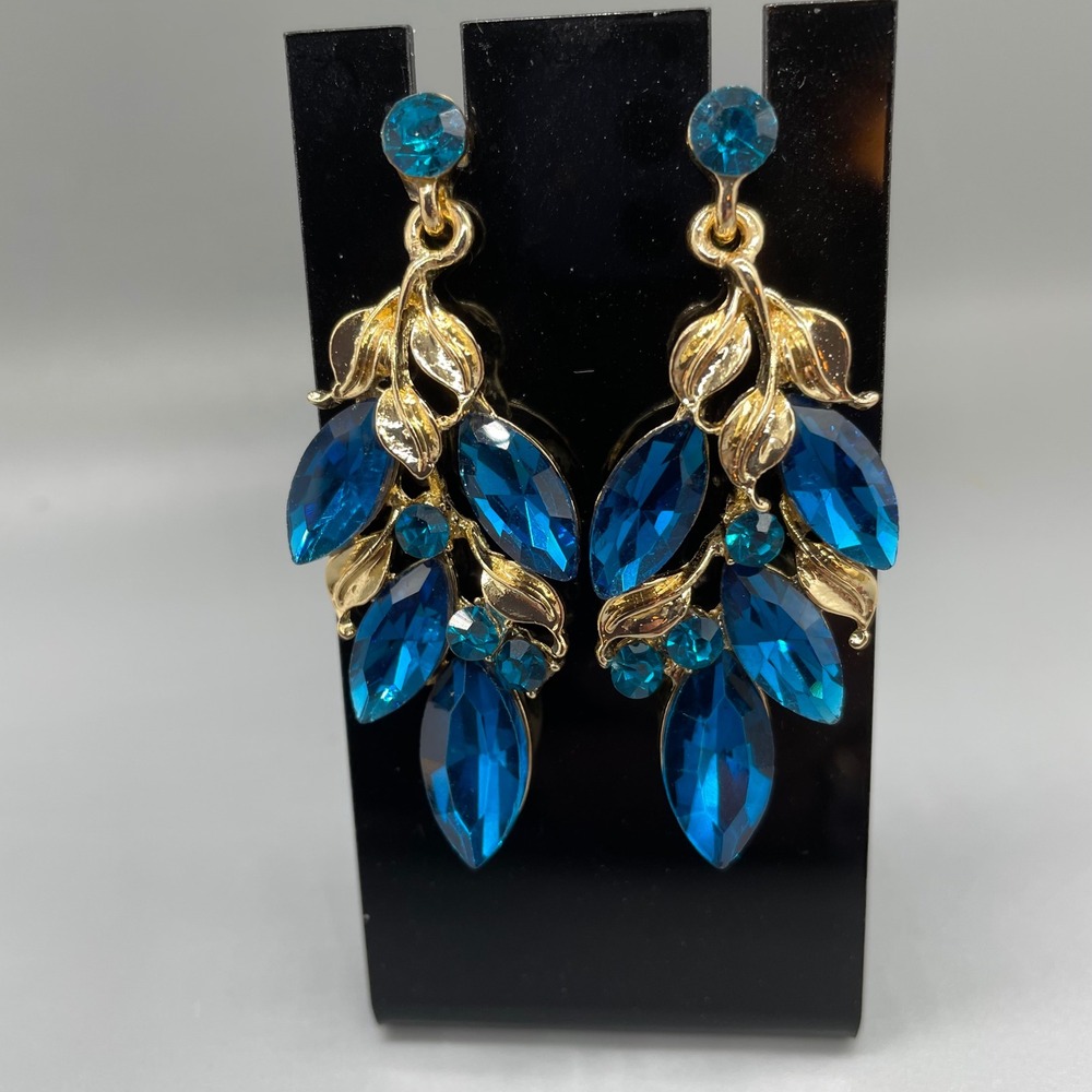 Gold Tone Blue Crystal Leaf Drop Earrings Statement  Post Back